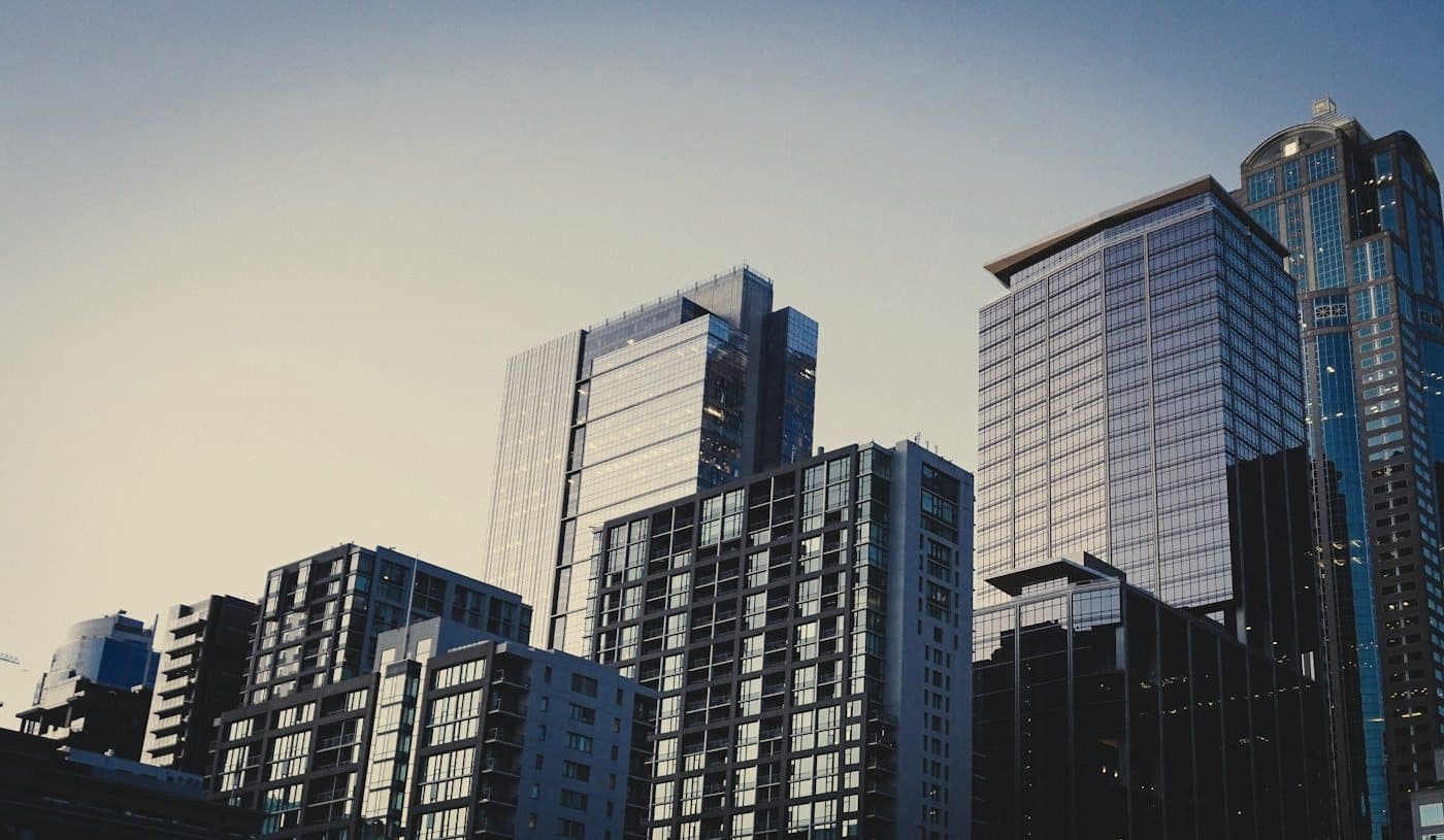 Glass office towers against the sky